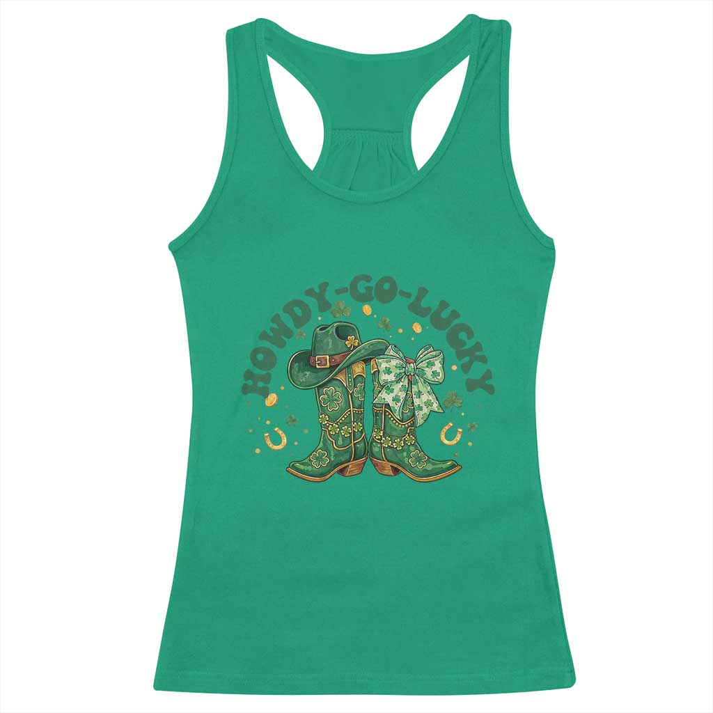 Howdy Go Lucky Racerback Tank Top Green Cowboy Boots St Patrick's Day