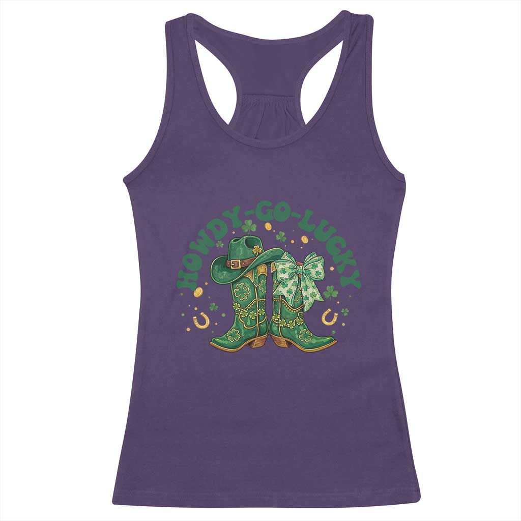 Howdy Go Lucky Racerback Tank Top Green Cowboy Boots St Patrick's Day