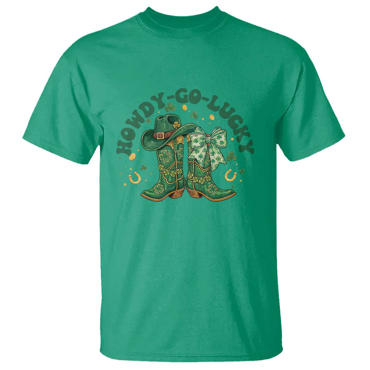 Howdy Go Lucky T Shirt Green Cowboy Boots St Patrick's Day