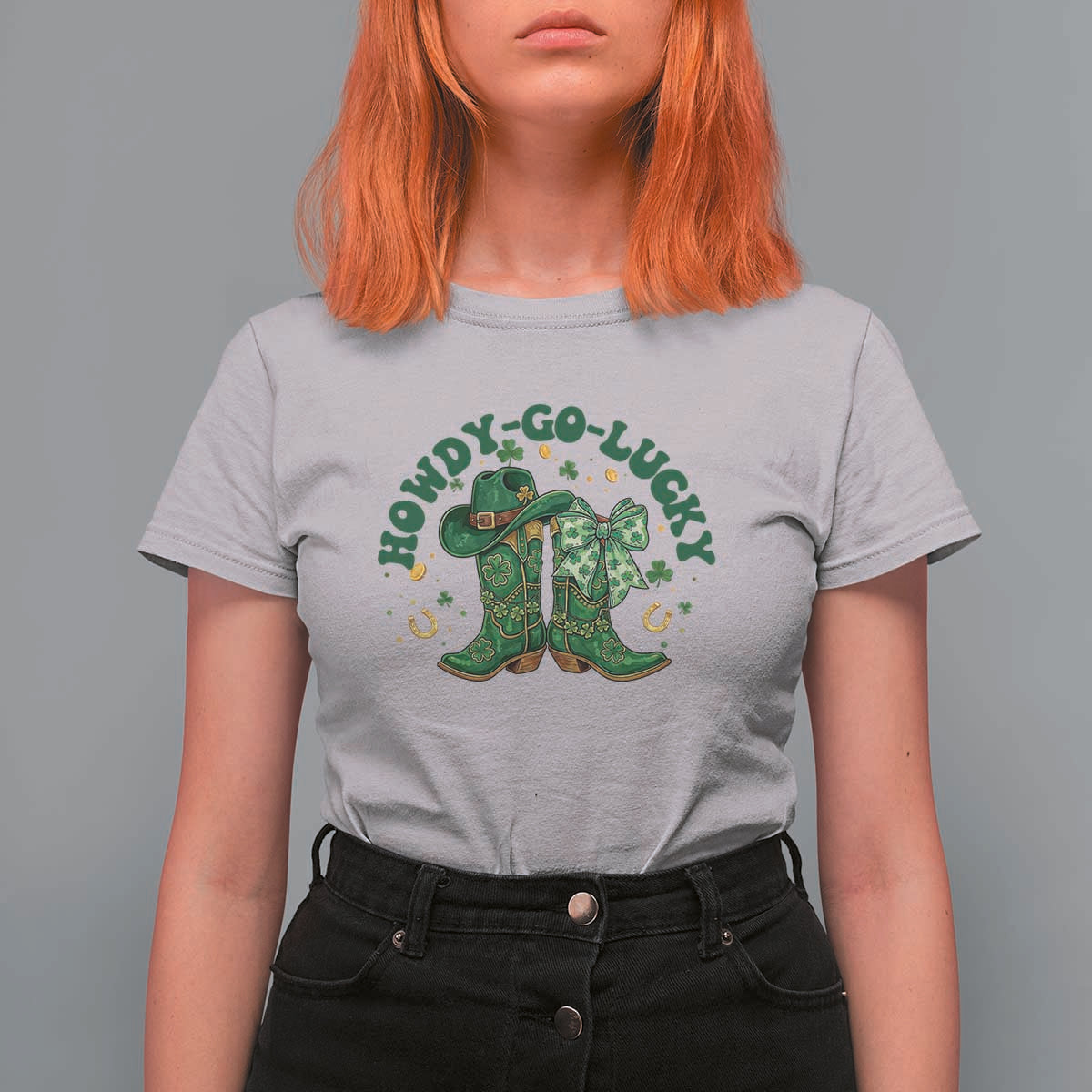Howdy Go Lucky T Shirt For Women Green Cowboy Boots St Patrick's Day