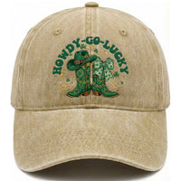 Howdy Go Lucky Washed Cotton Baseball Cap Green Cowboy Boots St Patrick's Day