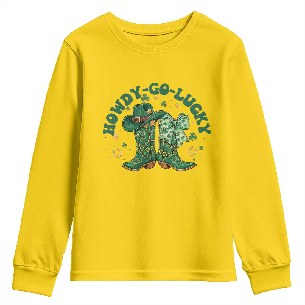 Howdy Go Lucky Youth Sweatshirt Green Cowboy Boots St Patrick's Day