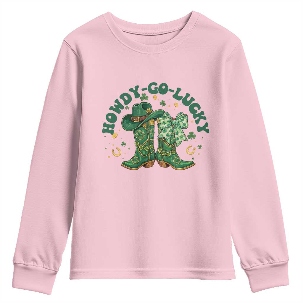 Howdy Go Lucky Youth Sweatshirt Green Cowboy Boots St Patrick's Day