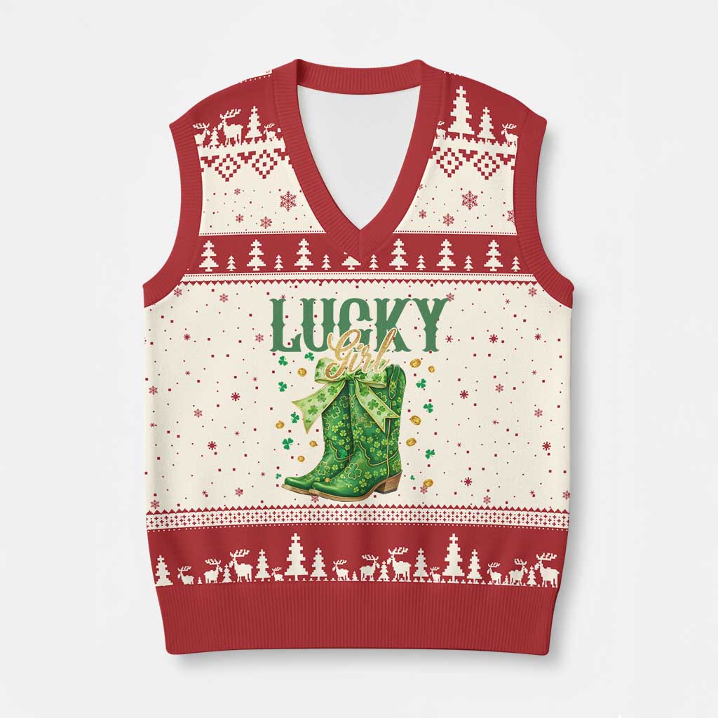 Cowboy St Patrick's Day V-Neck Knit Sweater Vest Lucky Girl Boots