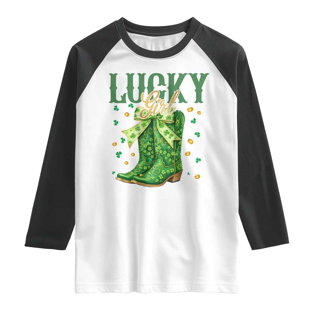 Cowboy St Patrick's Day Raglan Shirt Lucky Girl Boots