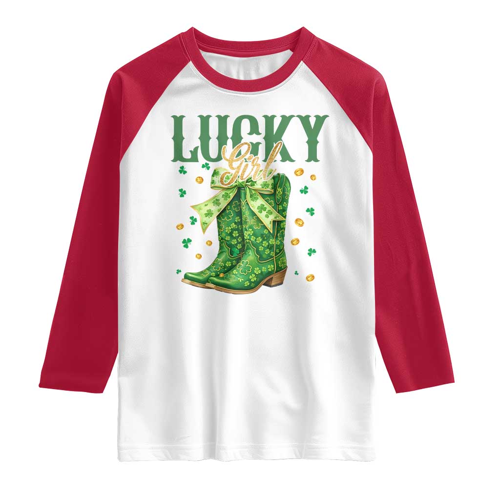 Cowboy St Patrick's Day Raglan Shirt Lucky Girl Boots