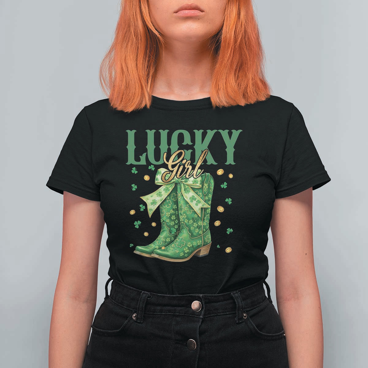 Cowboy St Patrick's Day T Shirt For Women Lucky Girl Boots