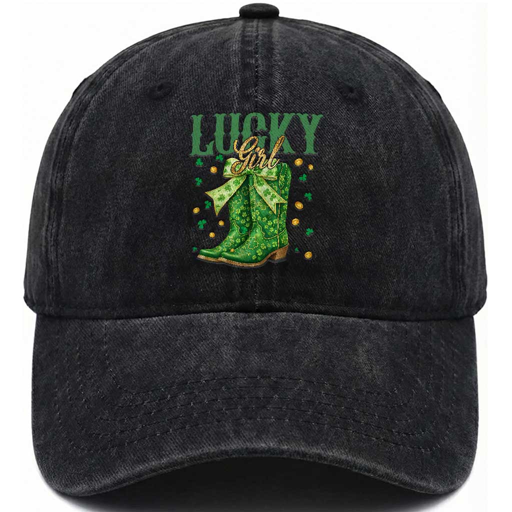 Cowboy St Patrick's Day Washed Cotton Baseball Cap Lucky Girl Boots