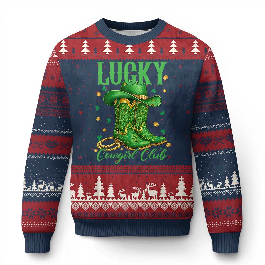 Lucky Cowgirl Club Ugly Christmas Sweater Western Irish Cowboy St Patrick Day