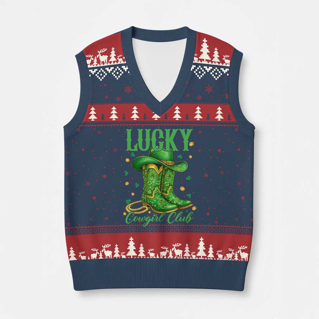 Lucky Cowgirl Club V-Neck Knit Sweater Vest Western Irish Cowboy St Patrick Day
