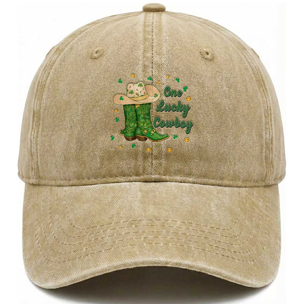 One Lucky Cowboy Washed Cotton Baseball Cap Western Irish Cowboy St Patrick Day