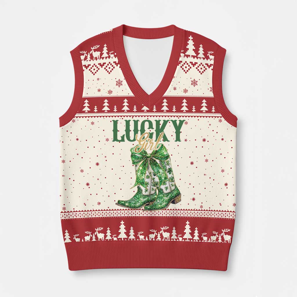 Lucky Cowgirl V-Neck Knit Sweater Vest Western Irish Cowboy St Patrick Day