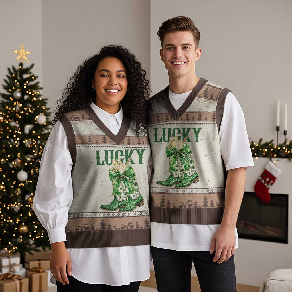 Lucky Cowgirl V-Neck Knit Sweater Vest Western Irish Cowboy St Patrick Day