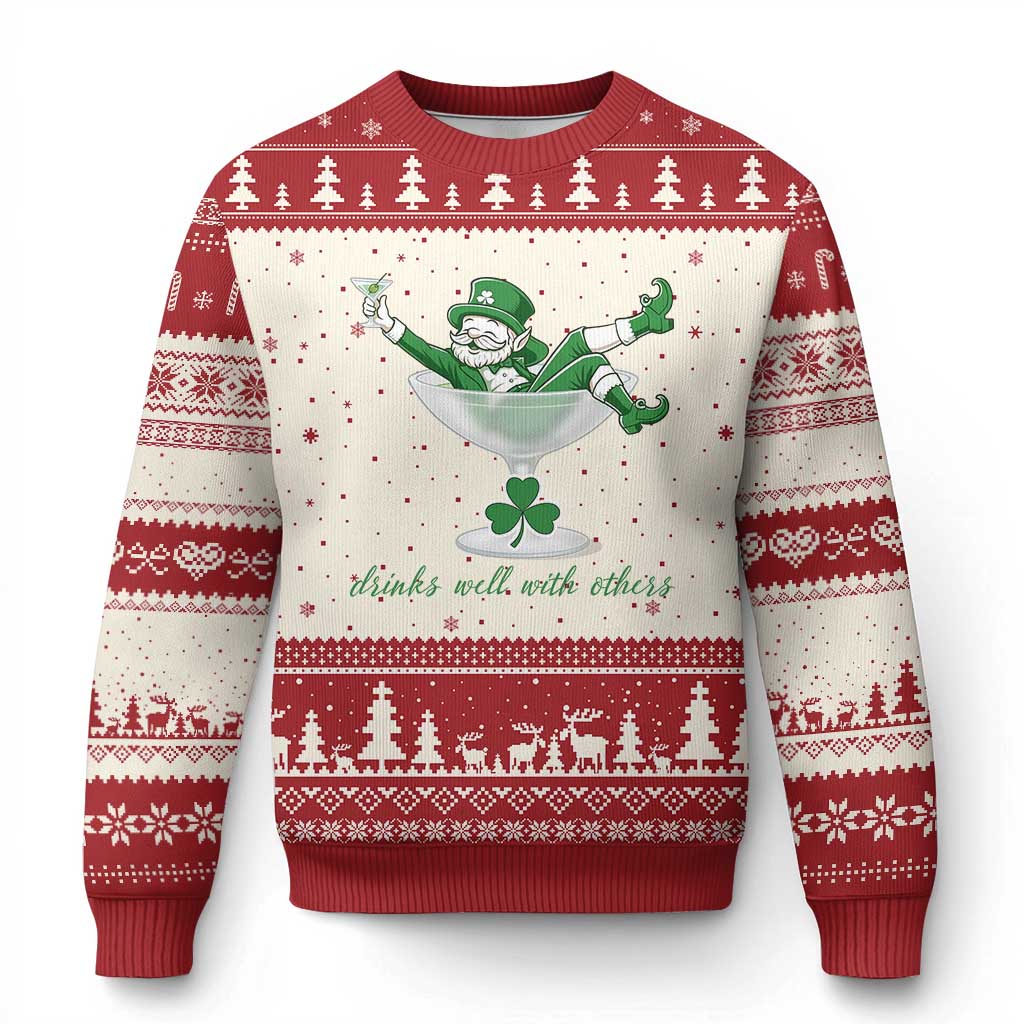 Drink Well With Others Ugly Christmas Sweater Funny Leprechaun Drinking Green Beer Shamrock