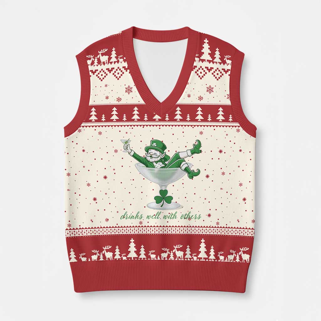 Drink Well With Others V-Neck Knit Sweater Vest Funny Leprechaun Drinking Green Beer Shamrock