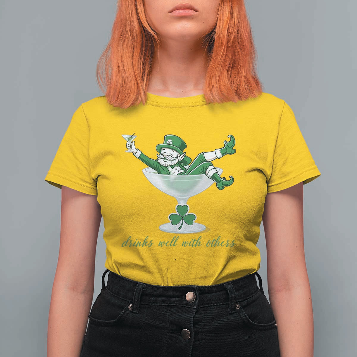 Drink Well With Others T Shirt For Women Funny Leprechaun Drinking Green Beer Shamrock