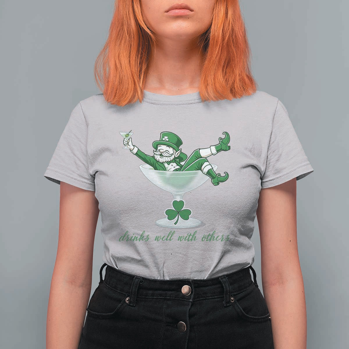 Drink Well With Others T Shirt For Women Funny Leprechaun Drinking Green Beer Shamrock