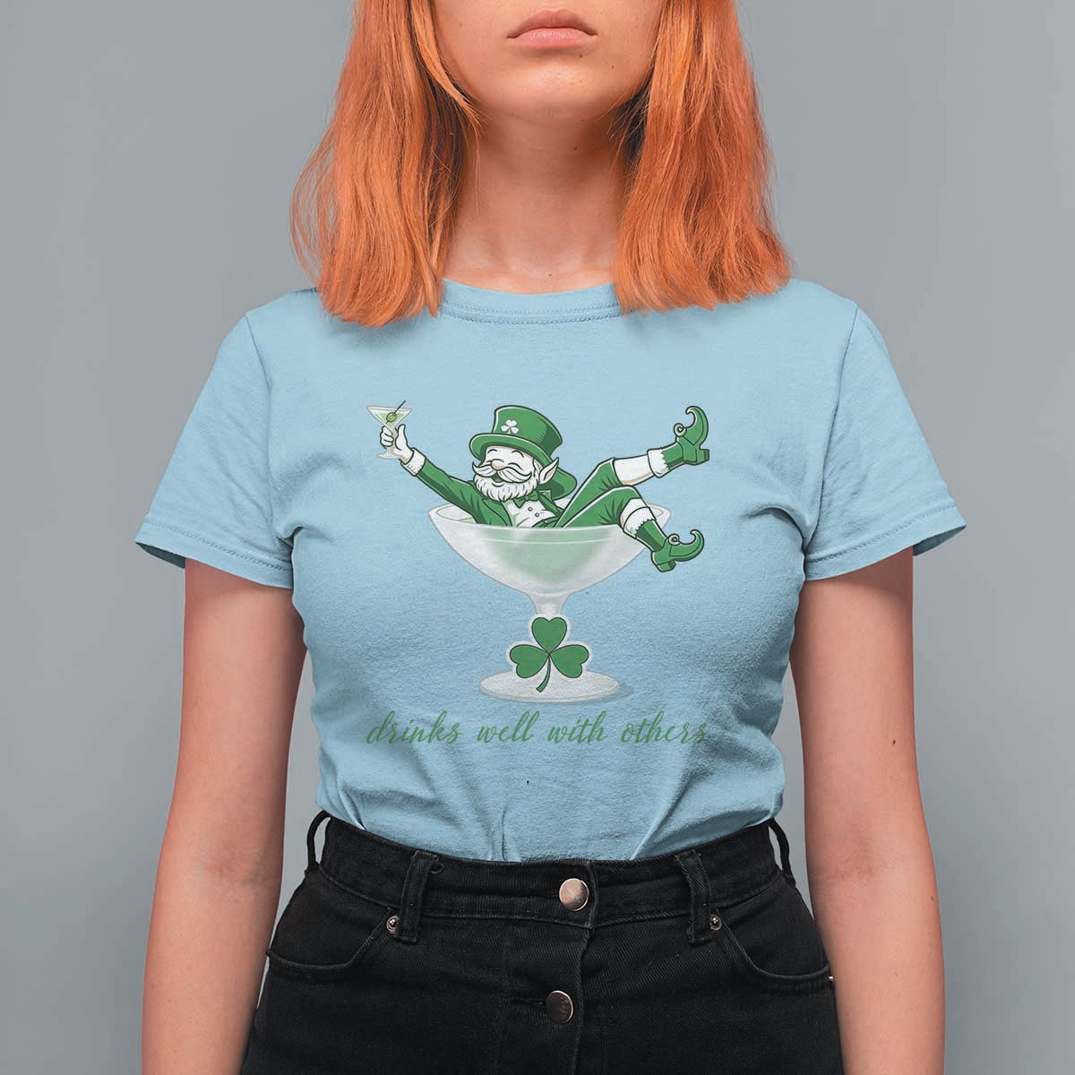 Drink Well With Others T Shirt For Women Funny Leprechaun Drinking Green Beer Shamrock
