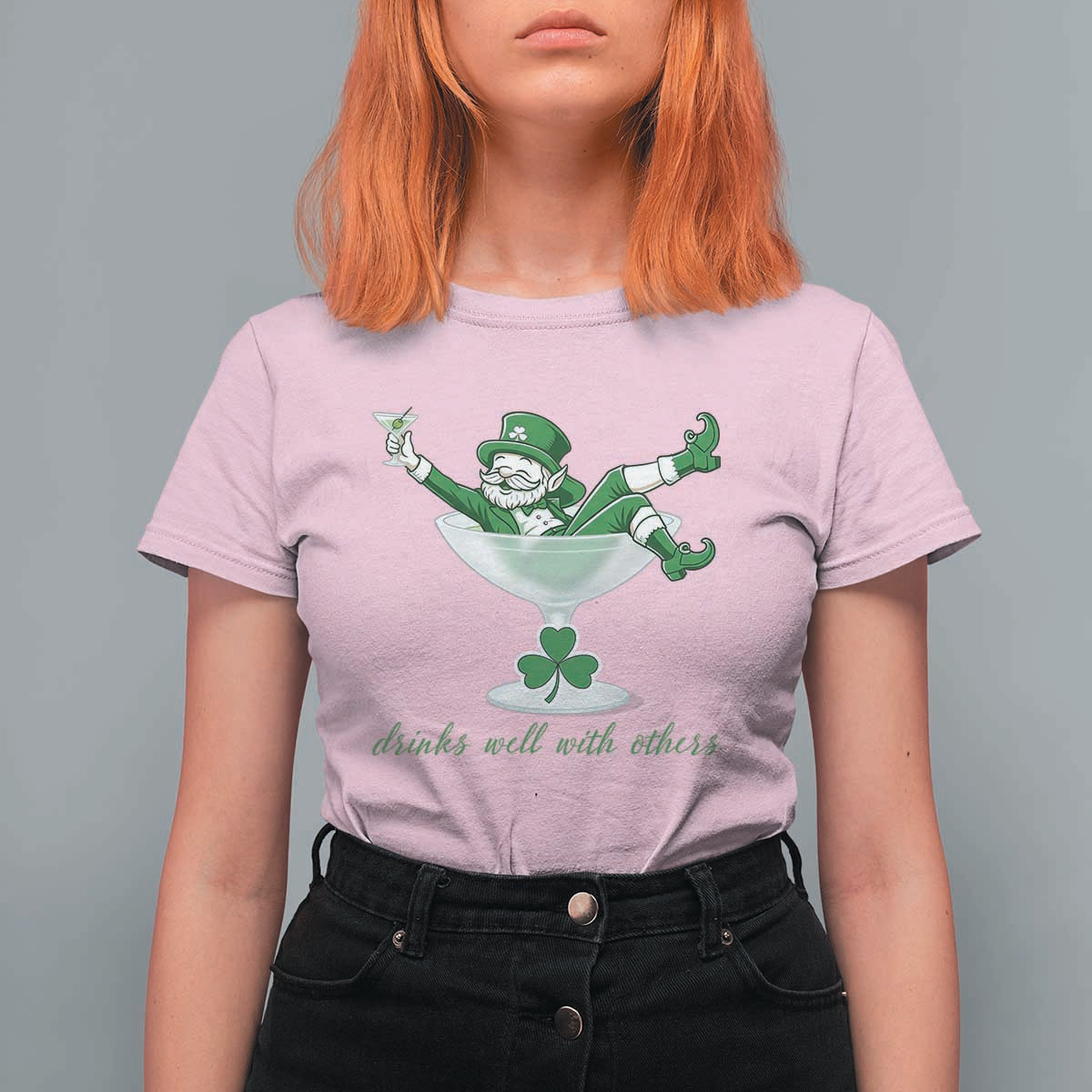 Drink Well With Others T Shirt For Women Funny Leprechaun Drinking Green Beer Shamrock
