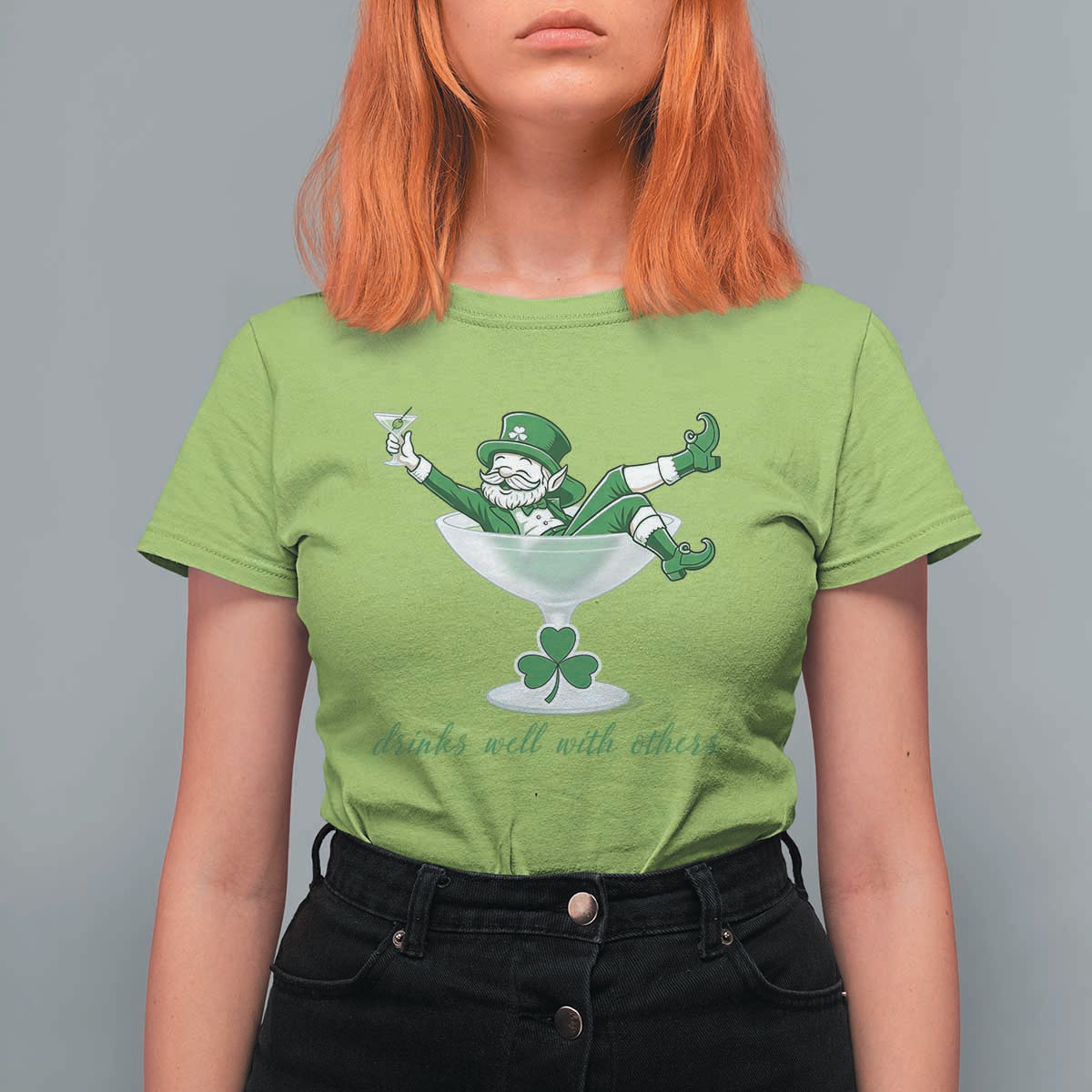 Drink Well With Others T Shirt For Women Funny Leprechaun Drinking Green Beer Shamrock