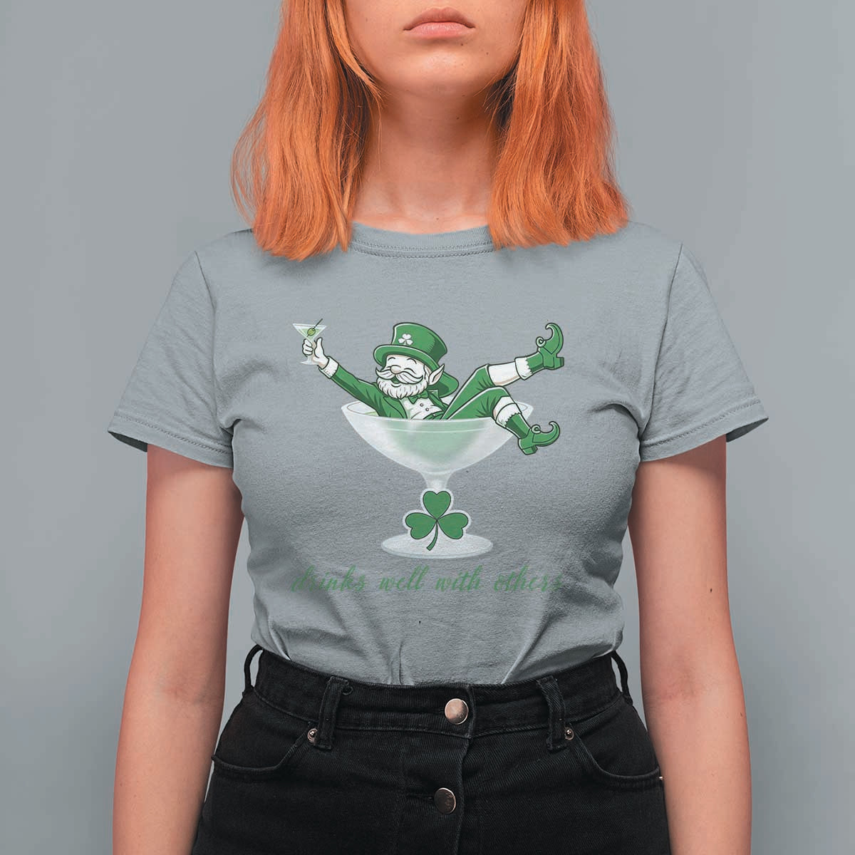 Drink Well With Others T Shirt For Women Funny Leprechaun Drinking Green Beer Shamrock