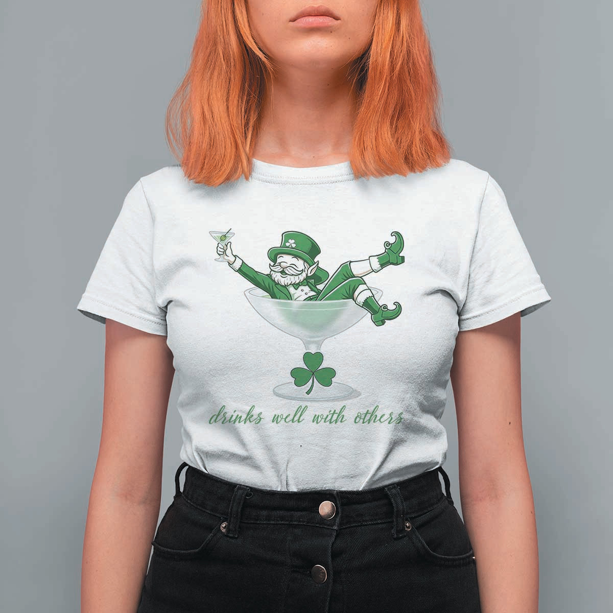 Drink Well With Others T Shirt For Women Funny Leprechaun Drinking Green Beer Shamrock