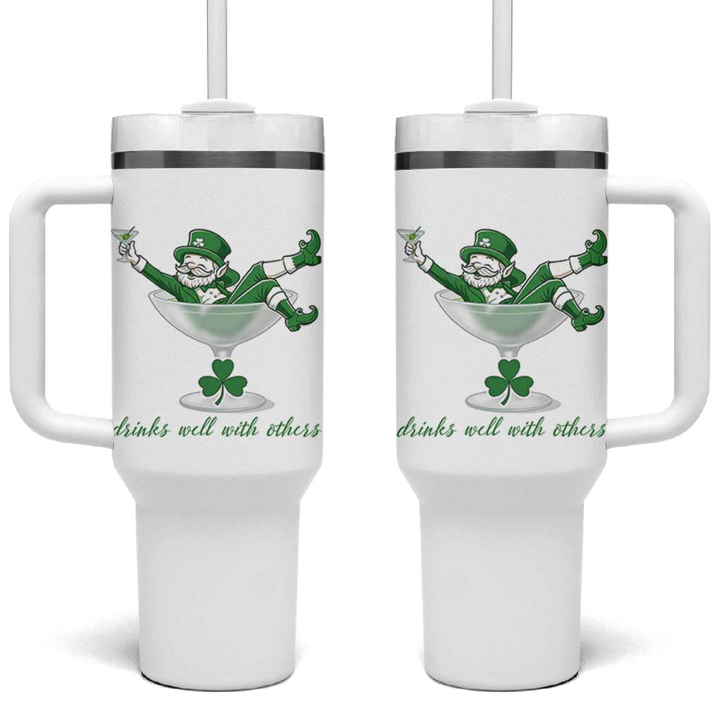 Drink Well With Others Tumbler With Handle Funny Leprechaun Drinking Green Beer Shamrock