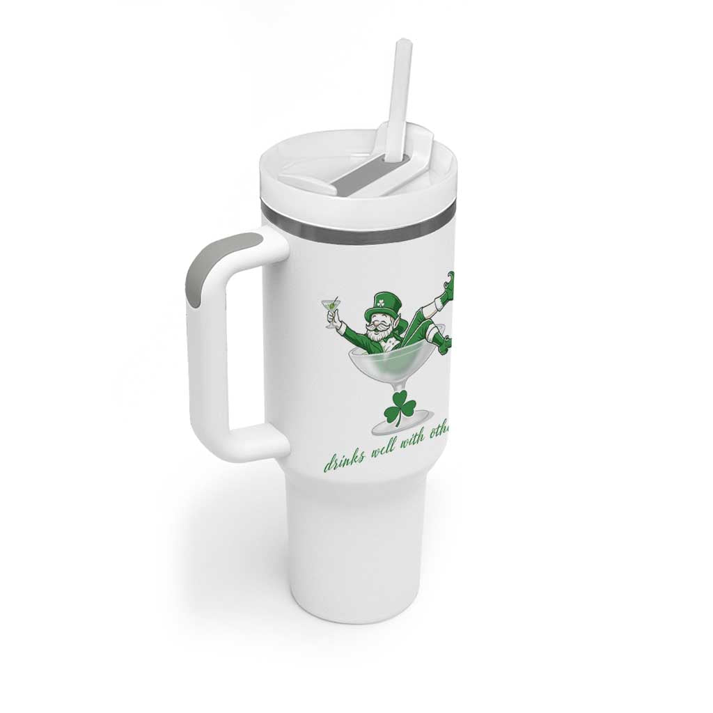 Drink Well With Others Tumbler With Handle Funny Leprechaun Drinking Green Beer Shamrock