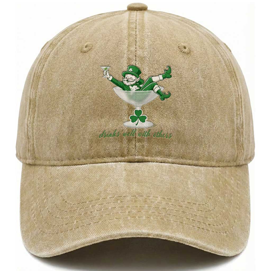 Drink Well With Others Washed Cotton Baseball Cap Funny Leprechaun Drinking Green Beer Shamrock