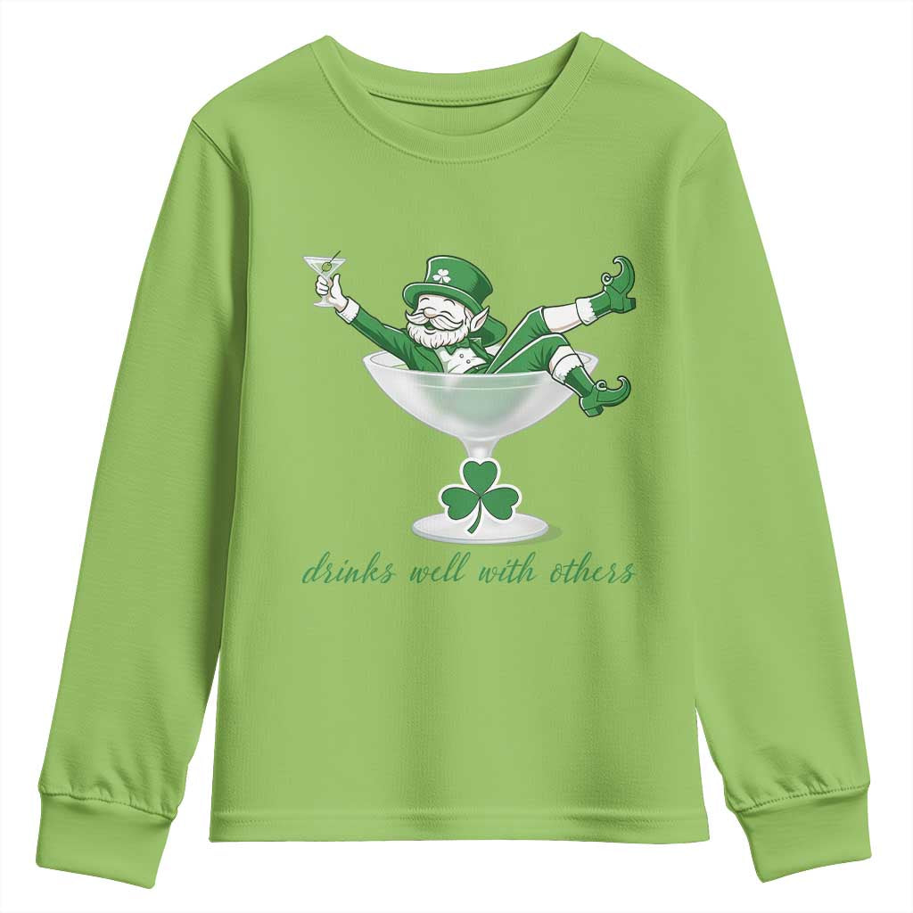 Drink Well With Others Youth Sweatshirt Funny Leprechaun Drinking Green Beer Shamrock