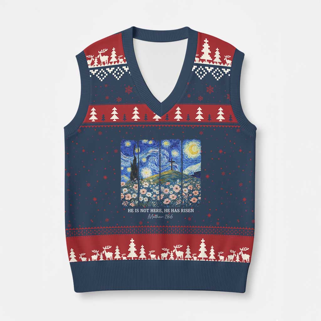 He is Risen V-Neck Knit Sweater Vest Christian Easter Starry Night Van Gogh