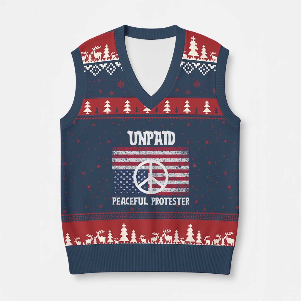 Unpaid Peaceful Protester V-Neck Knit Sweater Vest Peace Sign Anti War Patriotic US Flag