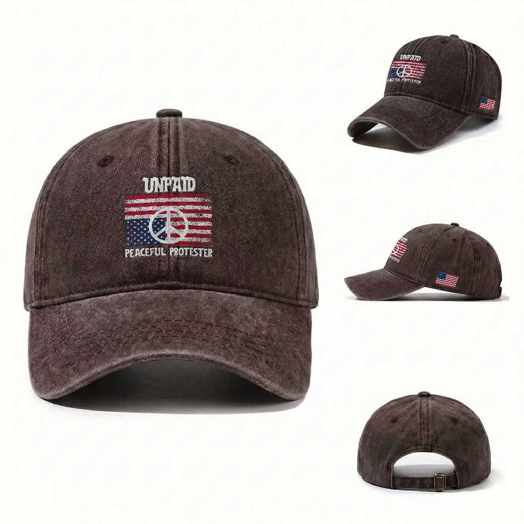 Unpaid Peaceful Protester Washed Cotton Baseball Cap Peace Sign Anti War Patriotic US Flag