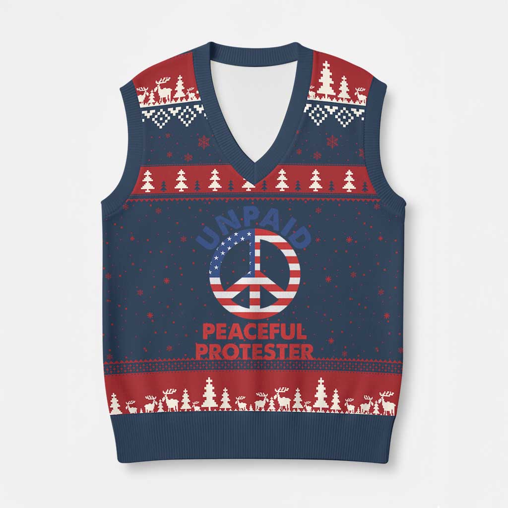 Unpaid Peaceful Protester V-Neck Knit Sweater Vest Peace Sign Patriotic US Flag Political Protest