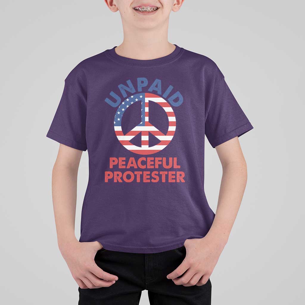 Unpaid Peaceful Protester T Shirt For Kid Peace Sign Patriotic US Flag Political Protest