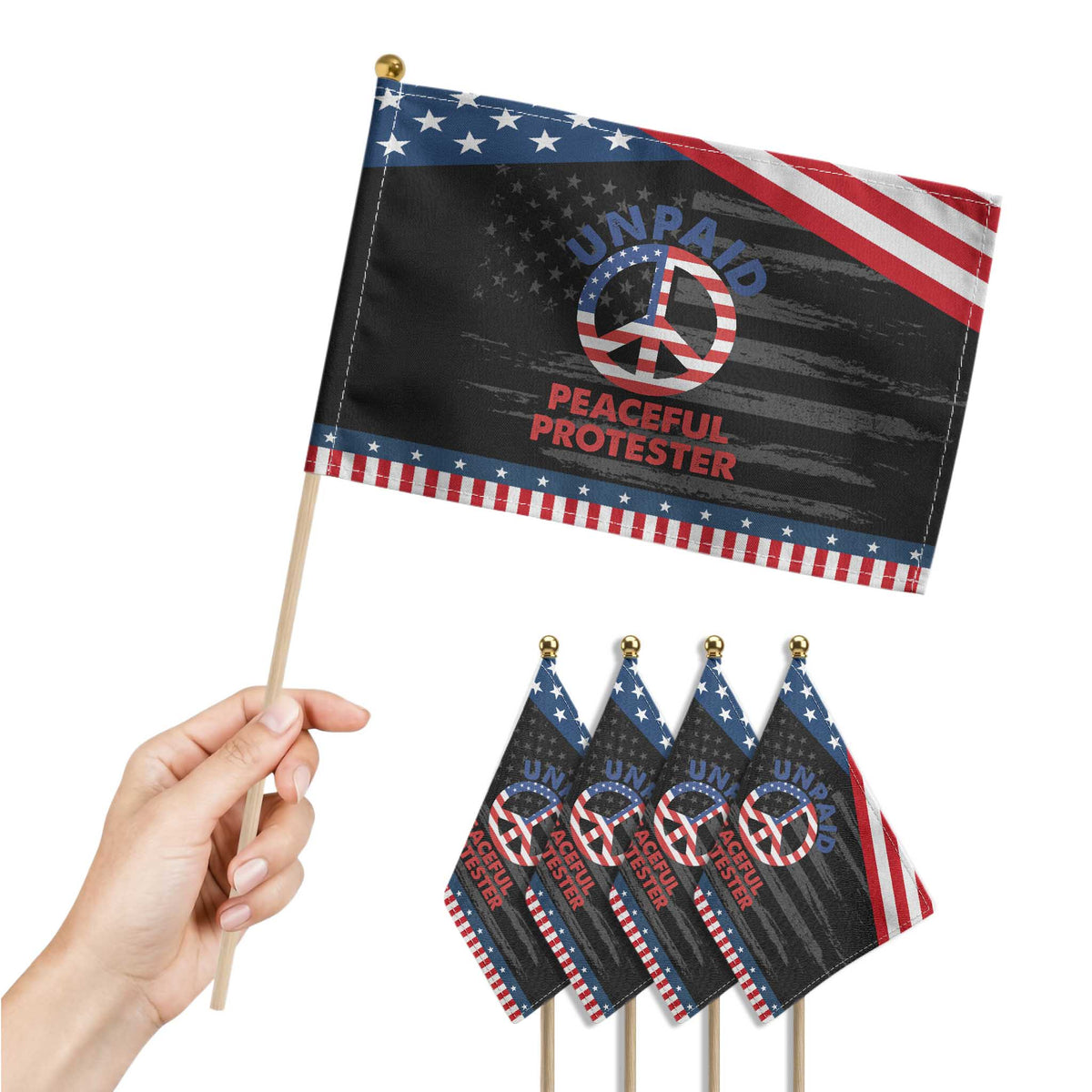 Unpaid Peaceful Protester Patriotic Handheld Flag Peace Sign US Flag Political Protest