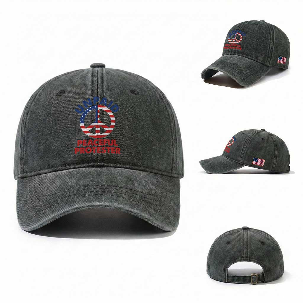Unpaid Peaceful Protester Washed Cotton Baseball Cap Peace Sign Patriotic US Flag Political Protest