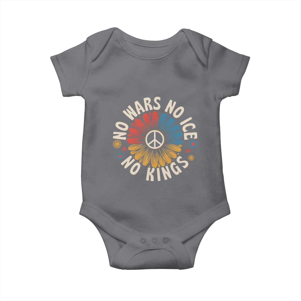 No Kings No ICE No Wars Baby Onesie Peace Sign Sunflower Anti War Freedom Activist