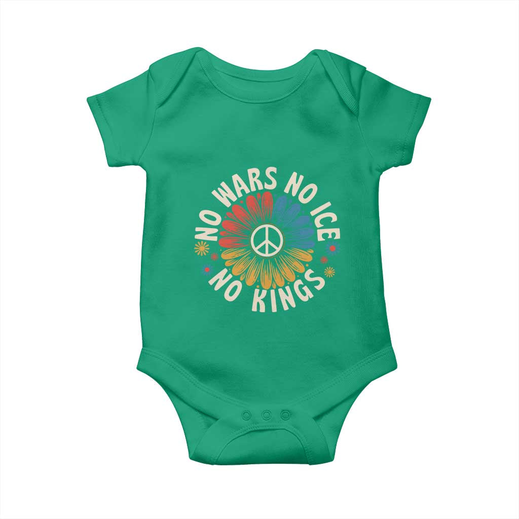 No Kings No ICE No Wars Baby Onesie Peace Sign Sunflower Anti War Freedom Activist
