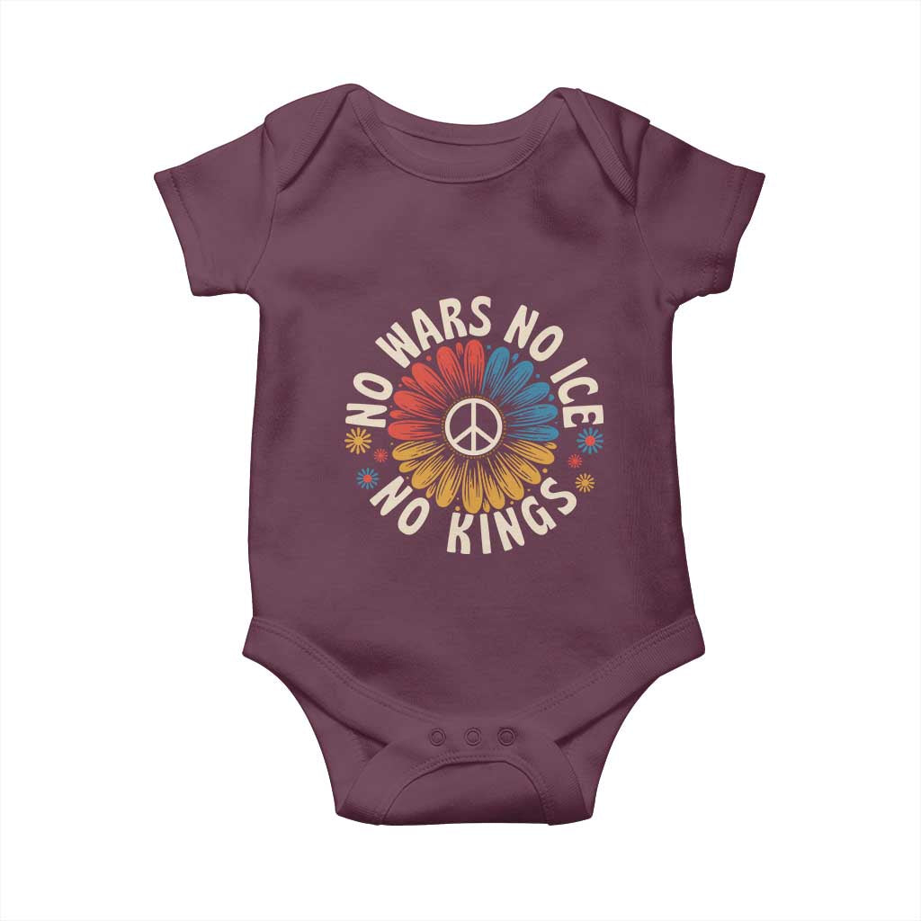 No Kings No ICE No Wars Baby Onesie Peace Sign Sunflower Anti War Freedom Activist