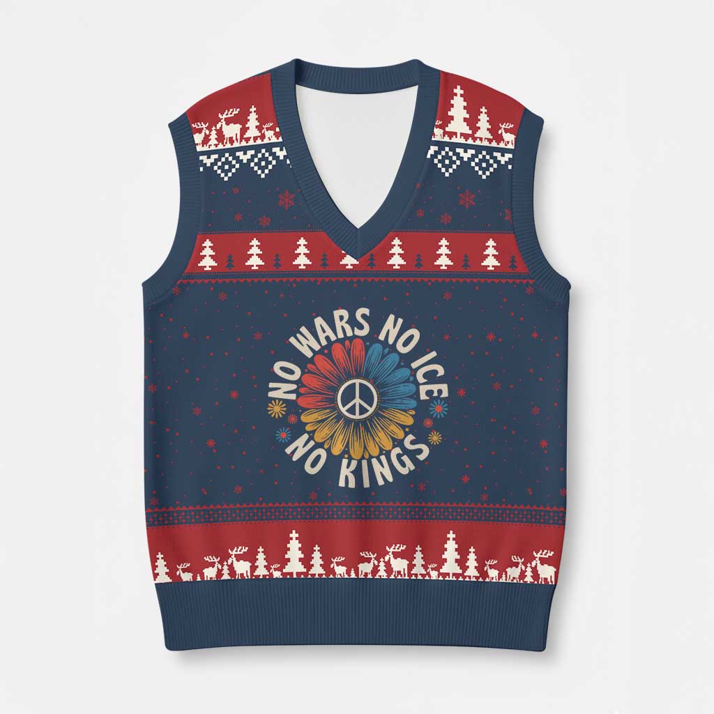No Kings No ICE No Wars V-Neck Knit Sweater Vest Peace Sign Sunflower Anti War Freedom Activist