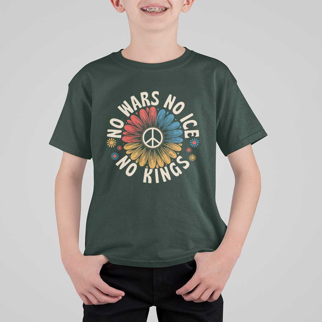 No Kings No ICE No Wars T Shirt For Kid Peace Sign Sunflower Anti War Freedom Activist