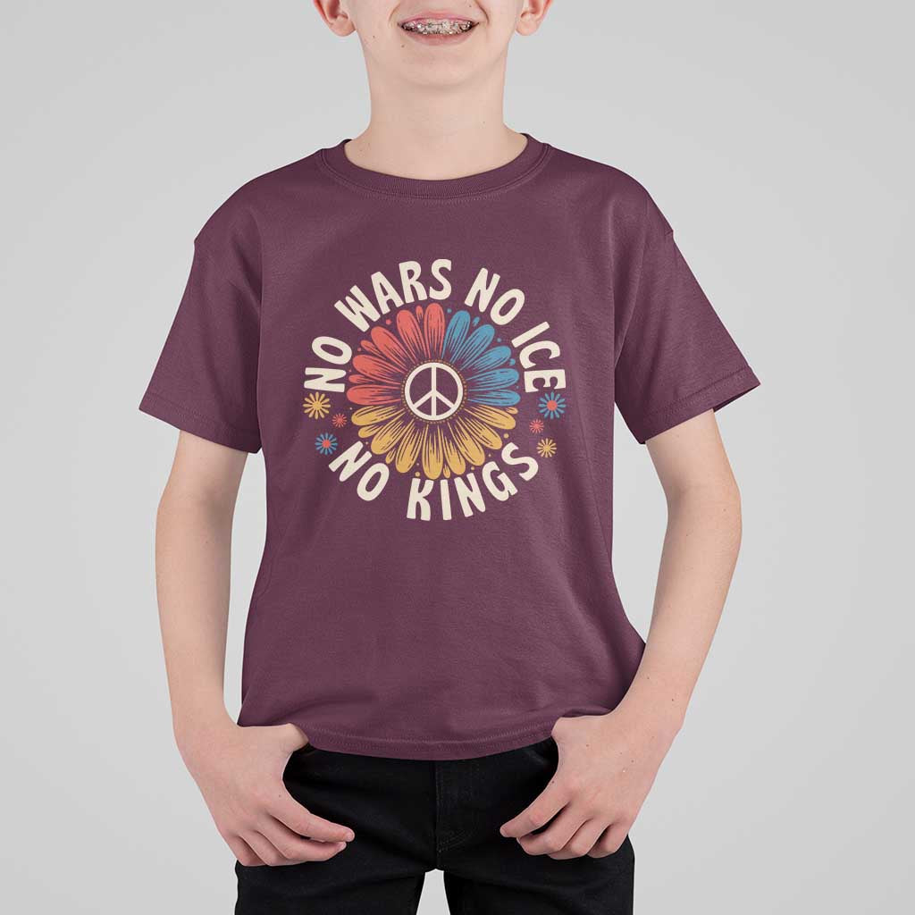 No Kings No ICE No Wars T Shirt For Kid Peace Sign Sunflower Anti War Freedom Activist