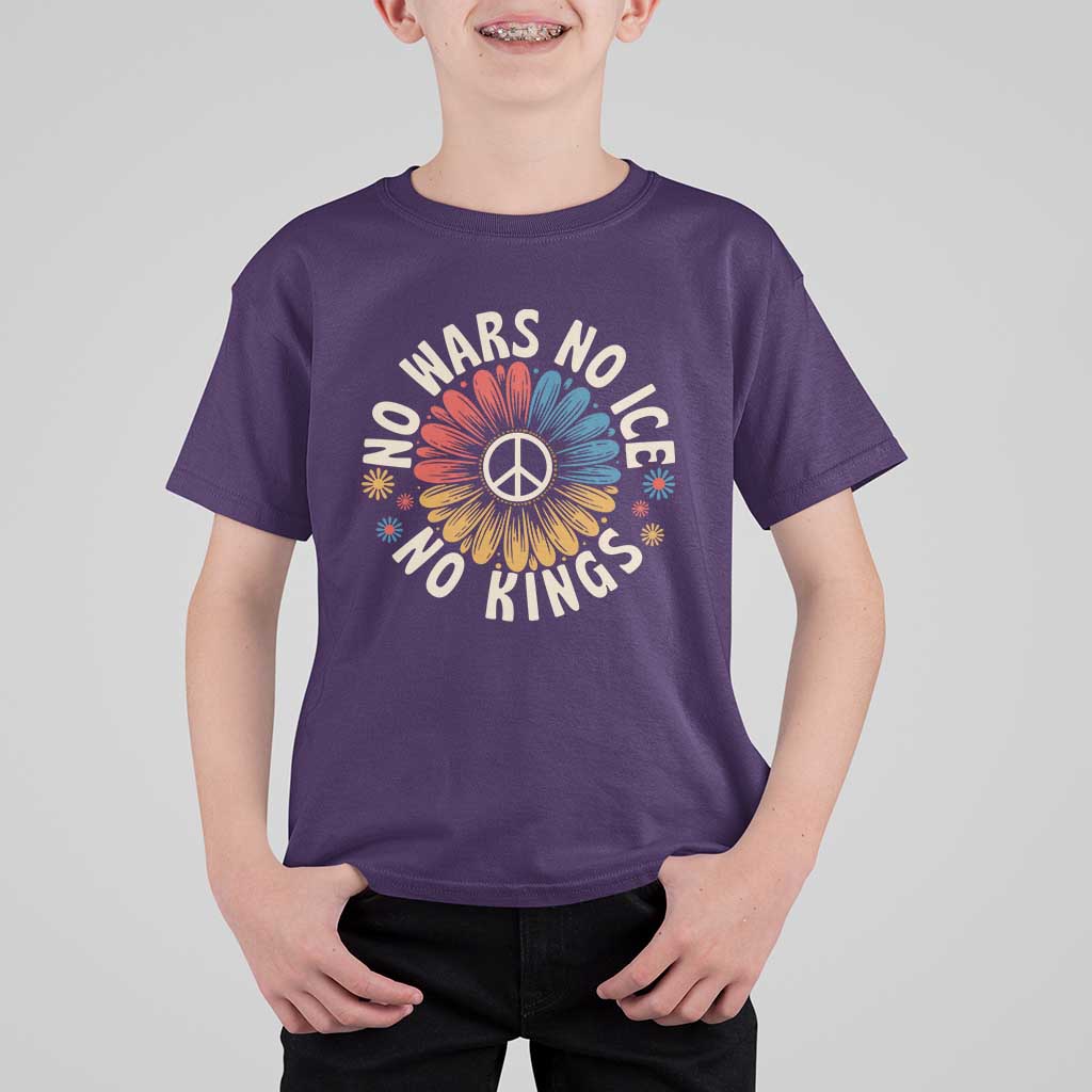 No Kings No ICE No Wars T Shirt For Kid Peace Sign Sunflower Anti War Freedom Activist