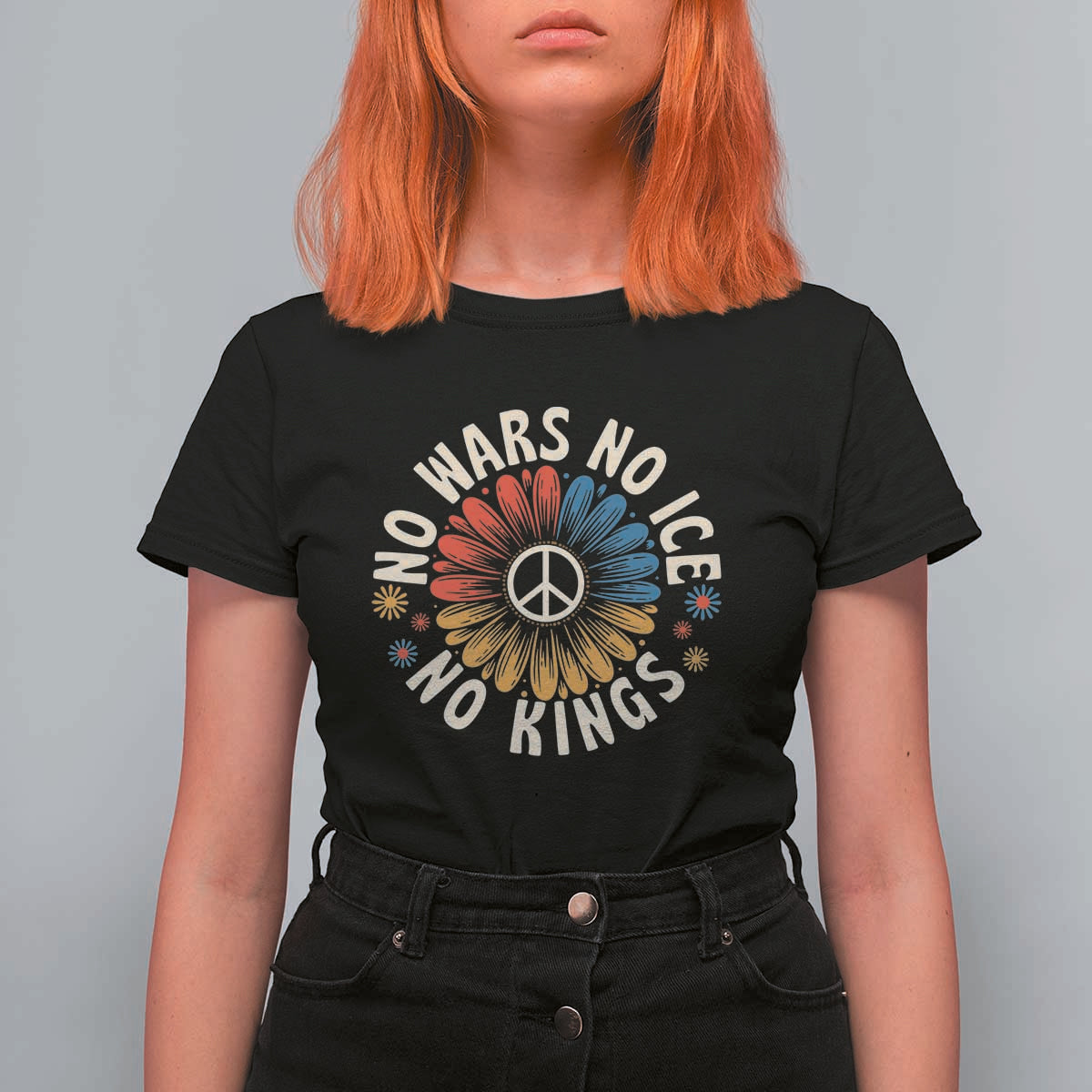 No Kings No ICE No Wars T Shirt For Women Peace Sign Sunflower Anti War Freedom Activist