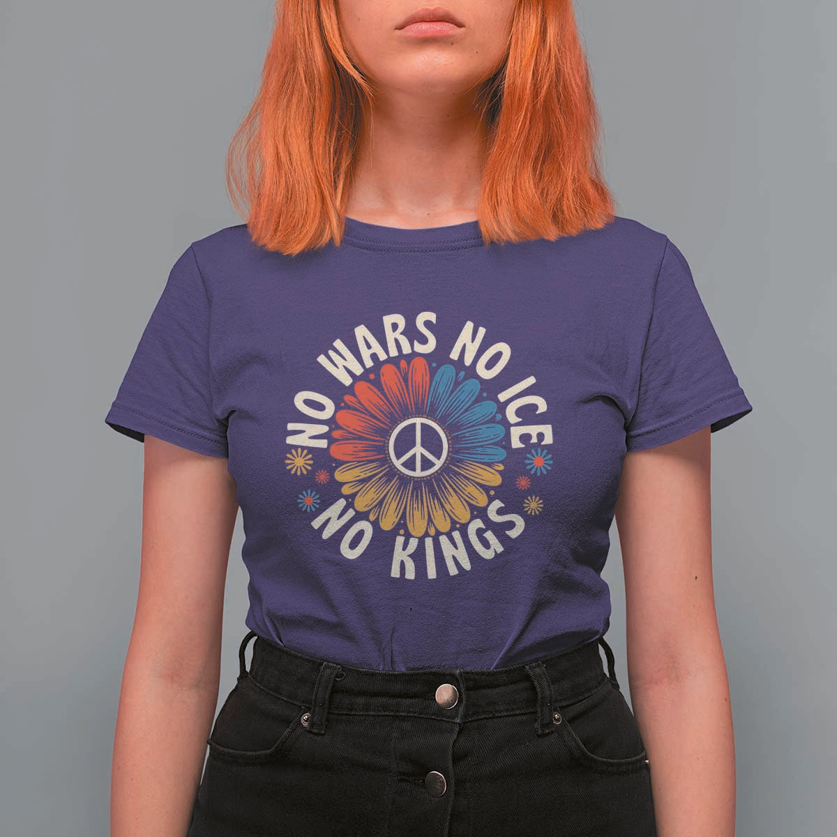 No Kings No ICE No Wars T Shirt For Women Peace Sign Sunflower Anti War Freedom Activist
