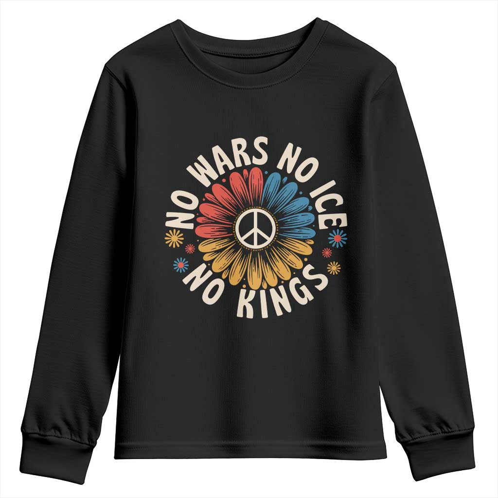 No Kings No ICE No Wars Youth Sweatshirt Peace Sign Sunflower Anti War Freedom Activist
