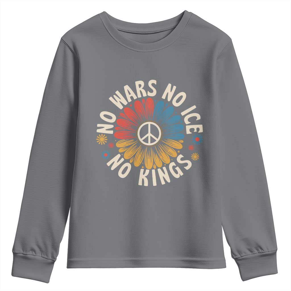 No Kings No ICE No Wars Youth Sweatshirt Peace Sign Sunflower Anti War Freedom Activist