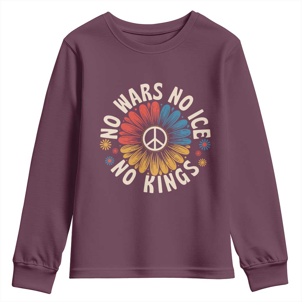 No Kings No ICE No Wars Youth Sweatshirt Peace Sign Sunflower Anti War Freedom Activist