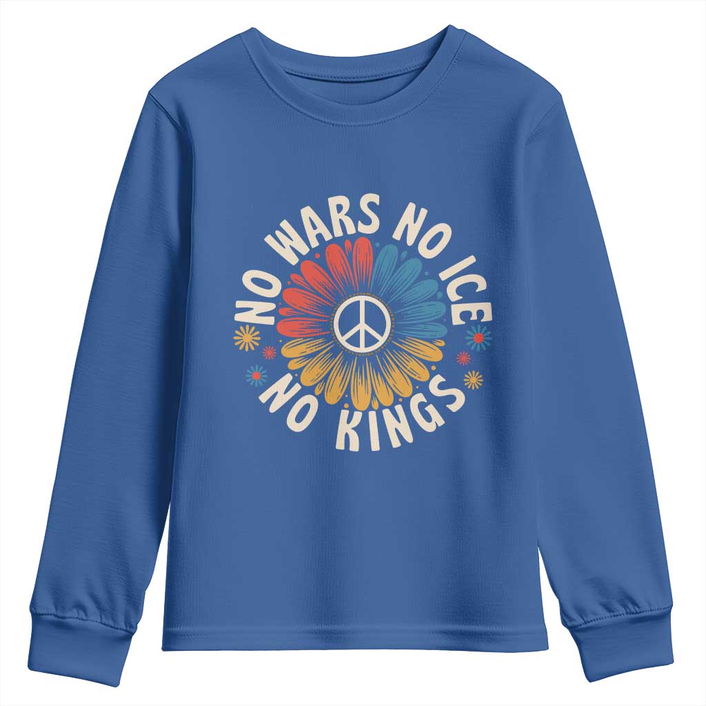 No Kings No ICE No Wars Youth Sweatshirt Peace Sign Sunflower Anti War Freedom Activist